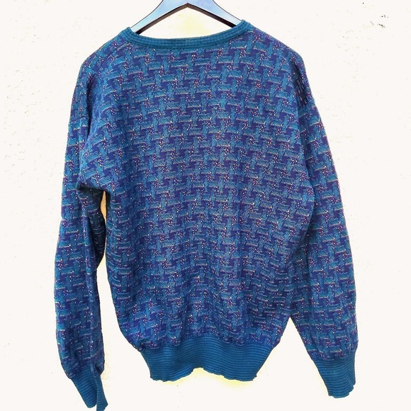 H. Stockton Atlanta VTG Men's Navy Pixel Pattern Grandpa 100% Wool Sweater - M - Picture 1 of 7